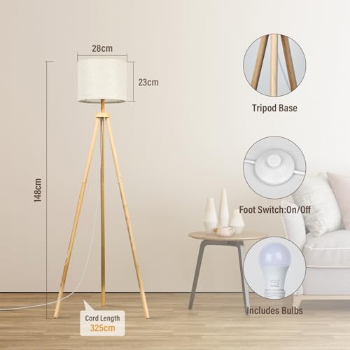 Detalle de NIKYJM Lámpara de Pie Trípode de Madera con Bombilla E27 12W: 3 Colores y Control Remoto