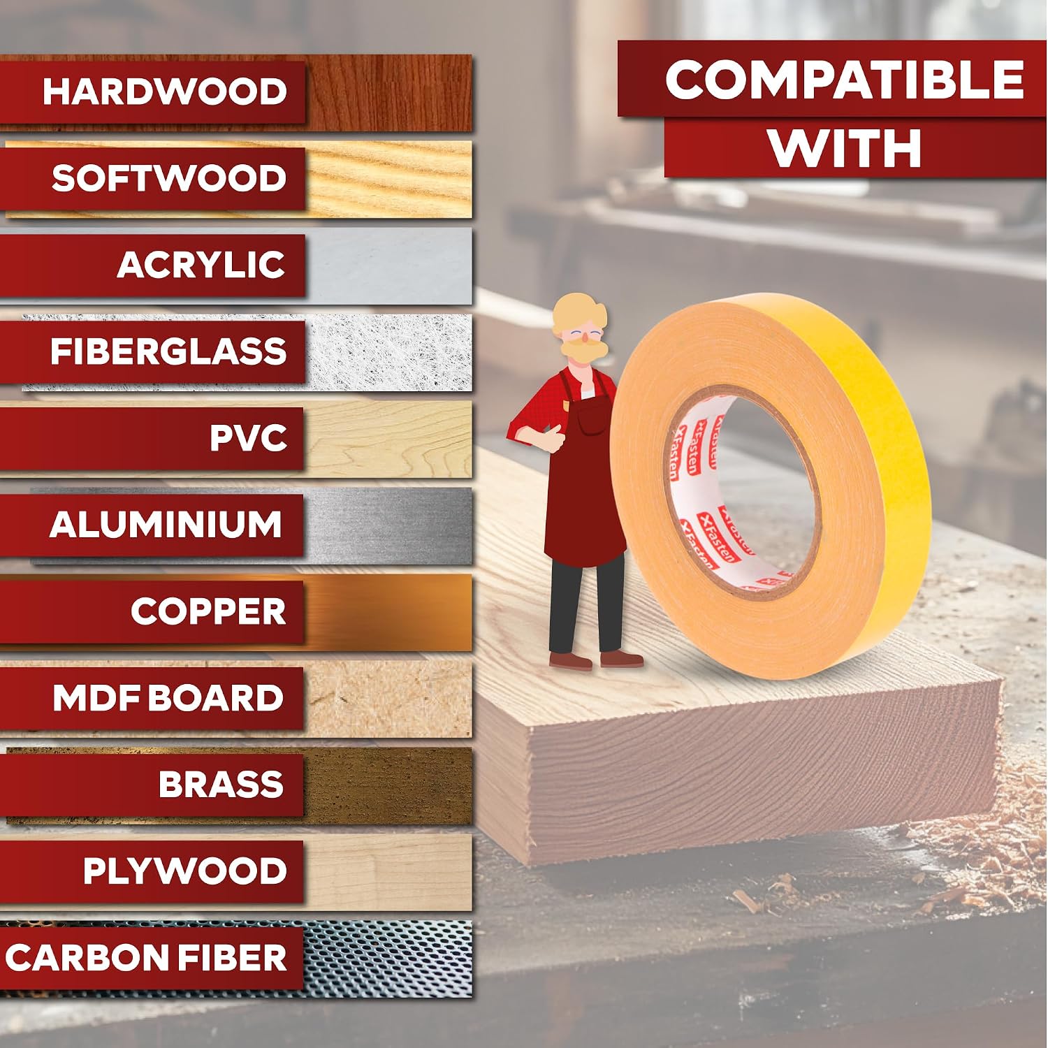 Thumbnail 6 de XFasten DSWT136P3 Double-Sided Woodworking Tape, 1 Inch, 3-Pack
