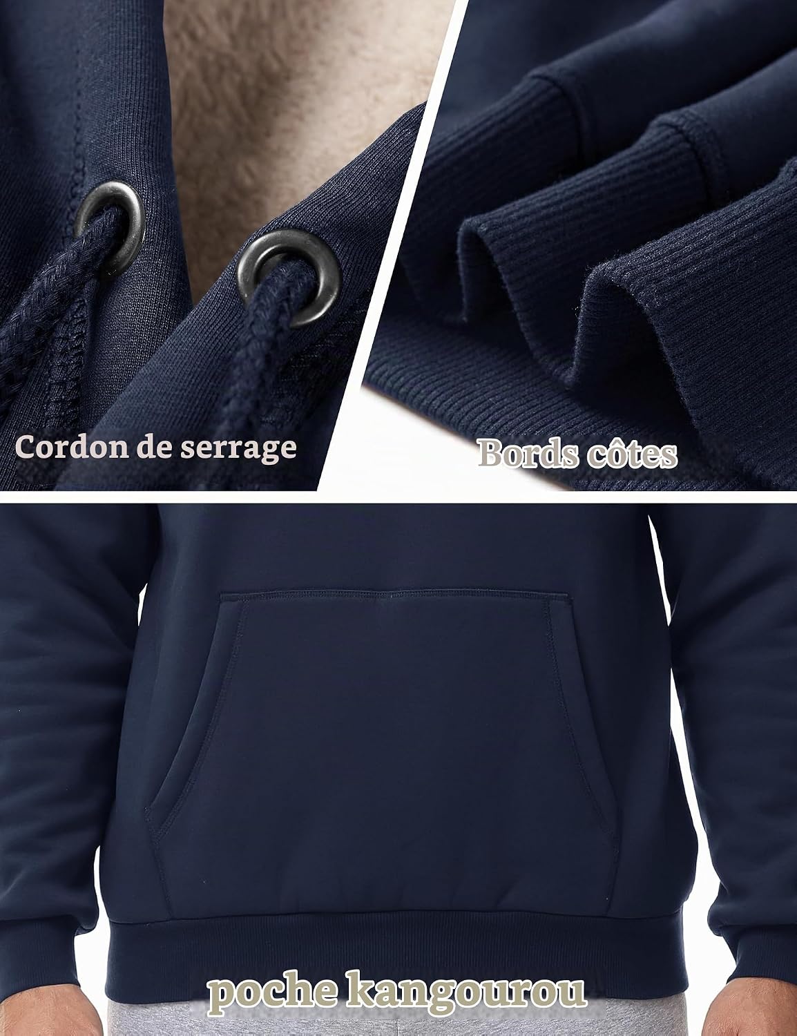 Detalle 1 de KEFITEVD fleecehoodie voor heren met warme voering en kangoeroezak