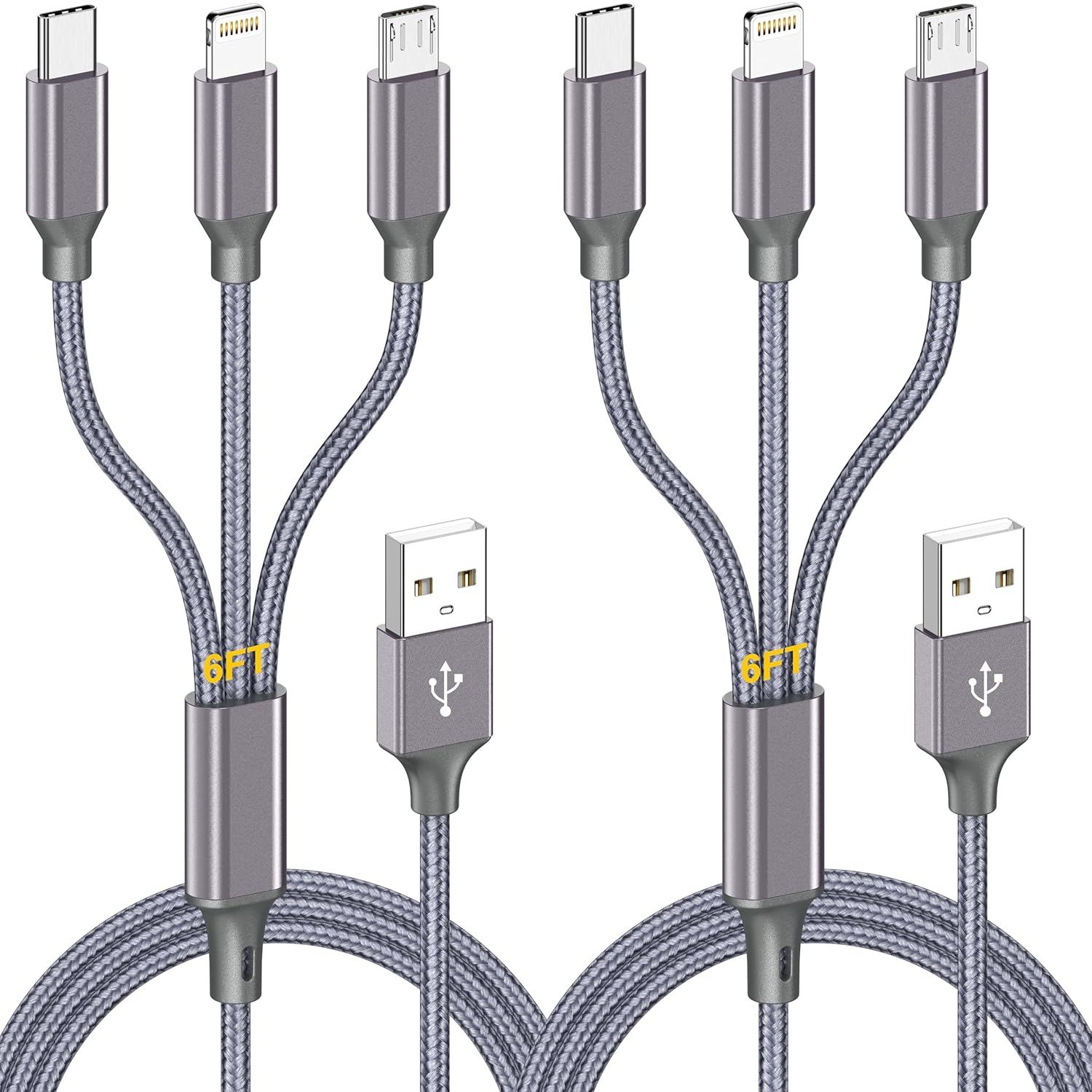 Detalle de Multi Charging Cable (6ft 2-Pack) 3-in-1 USB Charger Cord for Type-C, Micro USB, and Lightning Devices
