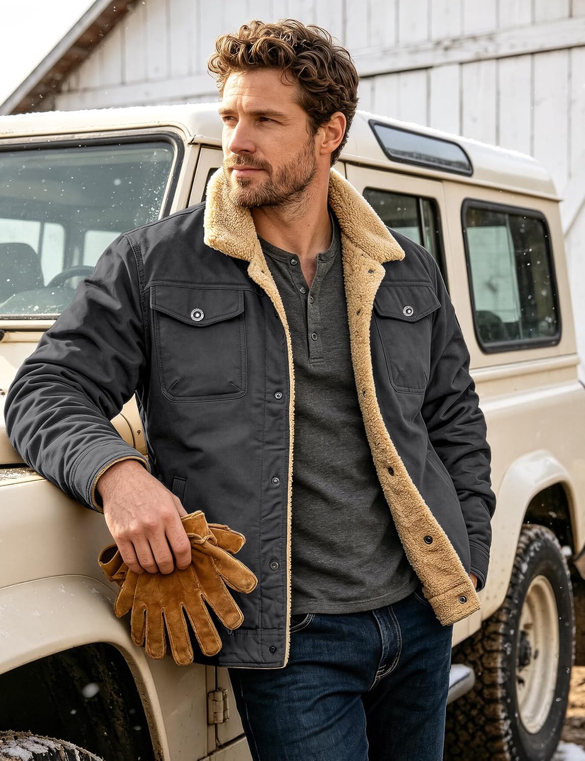 Detalle de MAGCOMSEN Men's Sherpa-Lined Winter Jacket with Cotton Shell and 5 Pockets