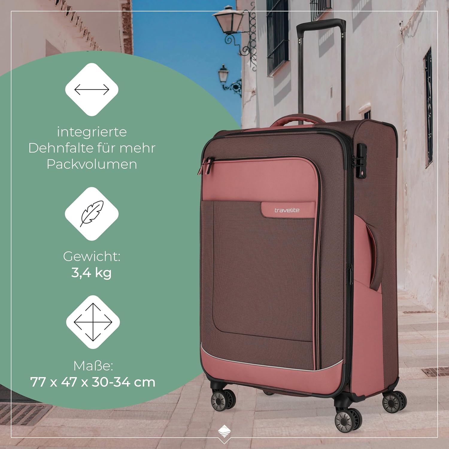 Detalle de travelite 4-Rad Trolley Größe L „VIIA“ mit Dehnfalte, TSA-Schloss und Weichschale aus recyceltem Polyester