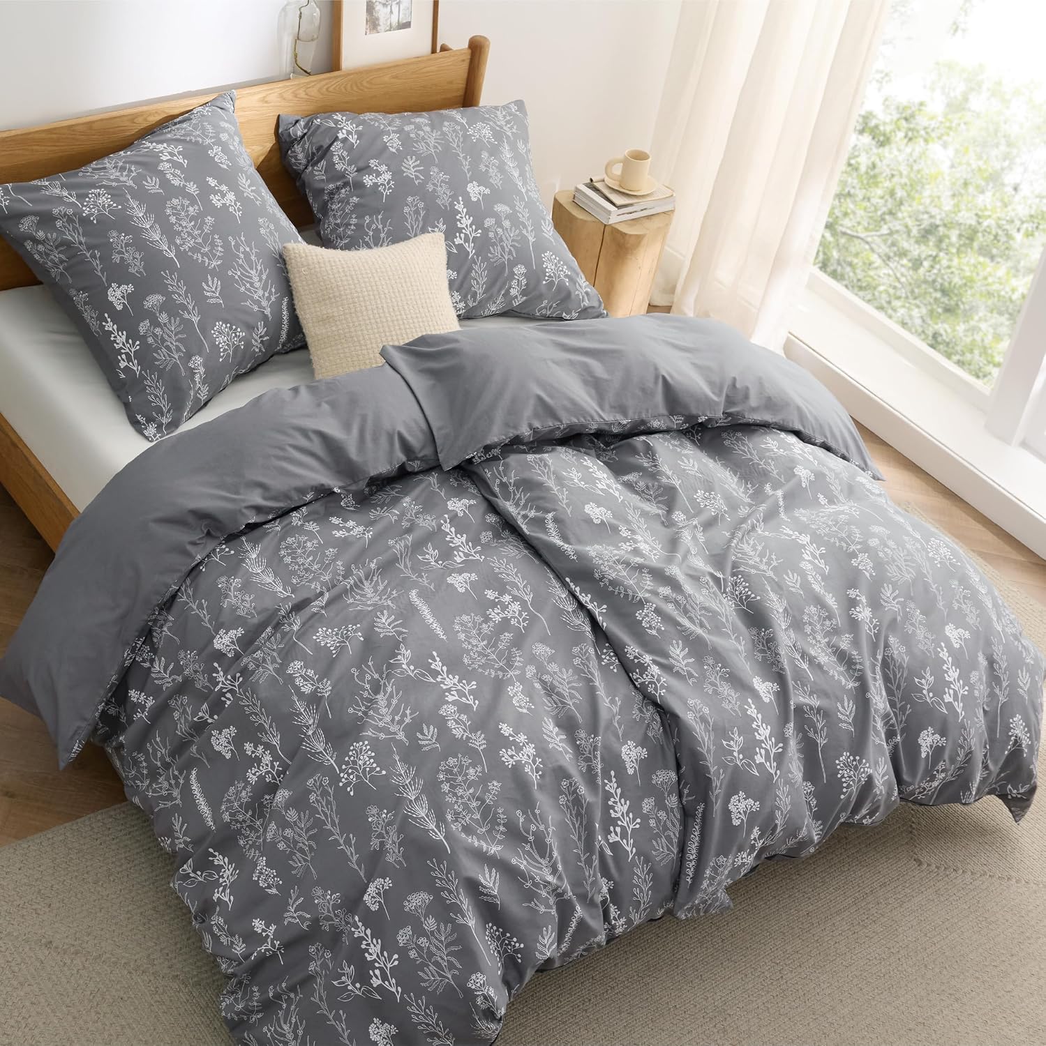 Detalle de BEDSURE Bettwäsche 135x200, 4-teilig aus Baumwolle (Grau) mit Wendedesign und Reißverschluss