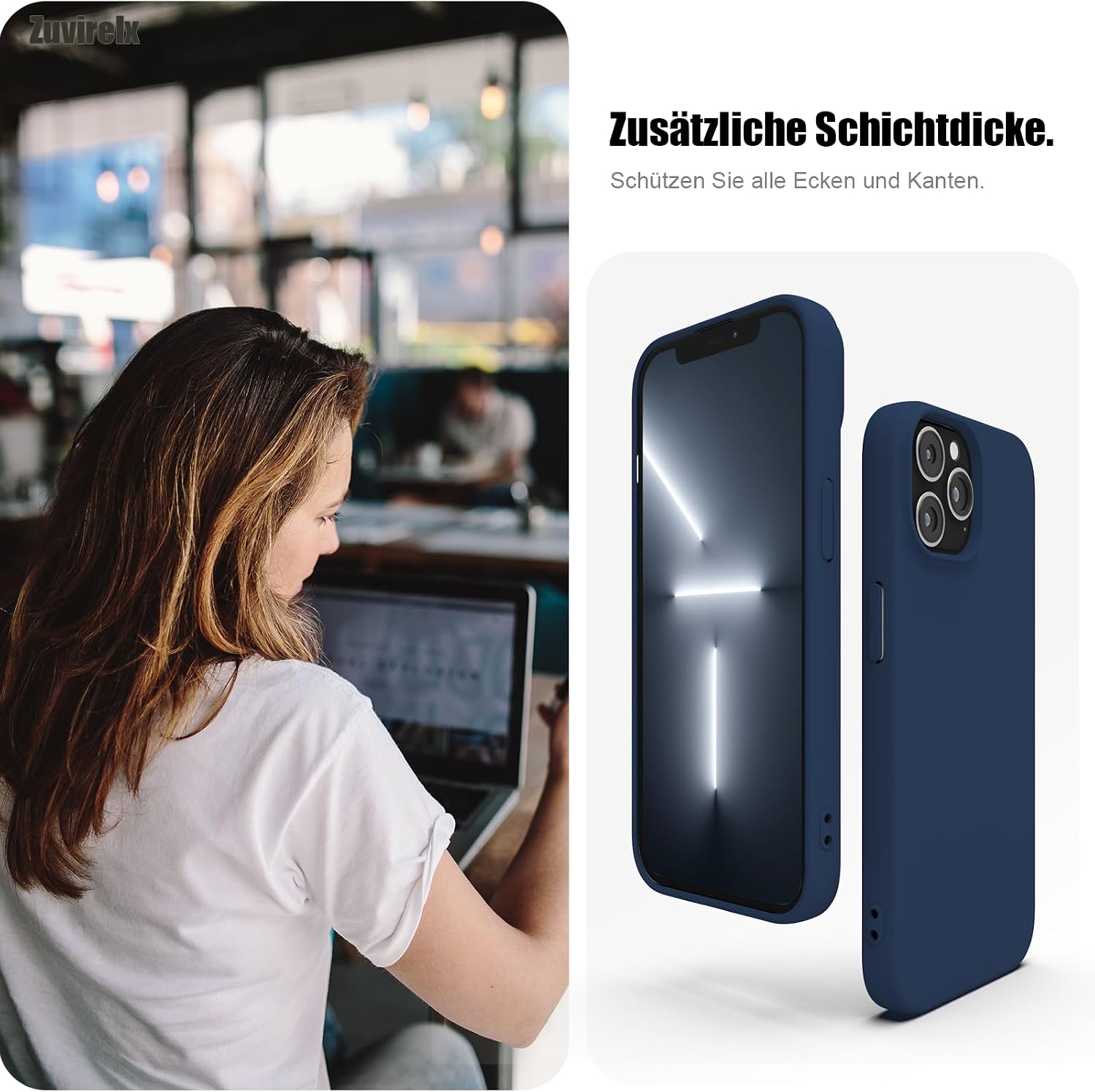 Detalle 2 de Zuvirelx Silikon-Handyhülle für iPhone 13 Pro – Dunkelblau, dünn, rutschfest und stoßfest