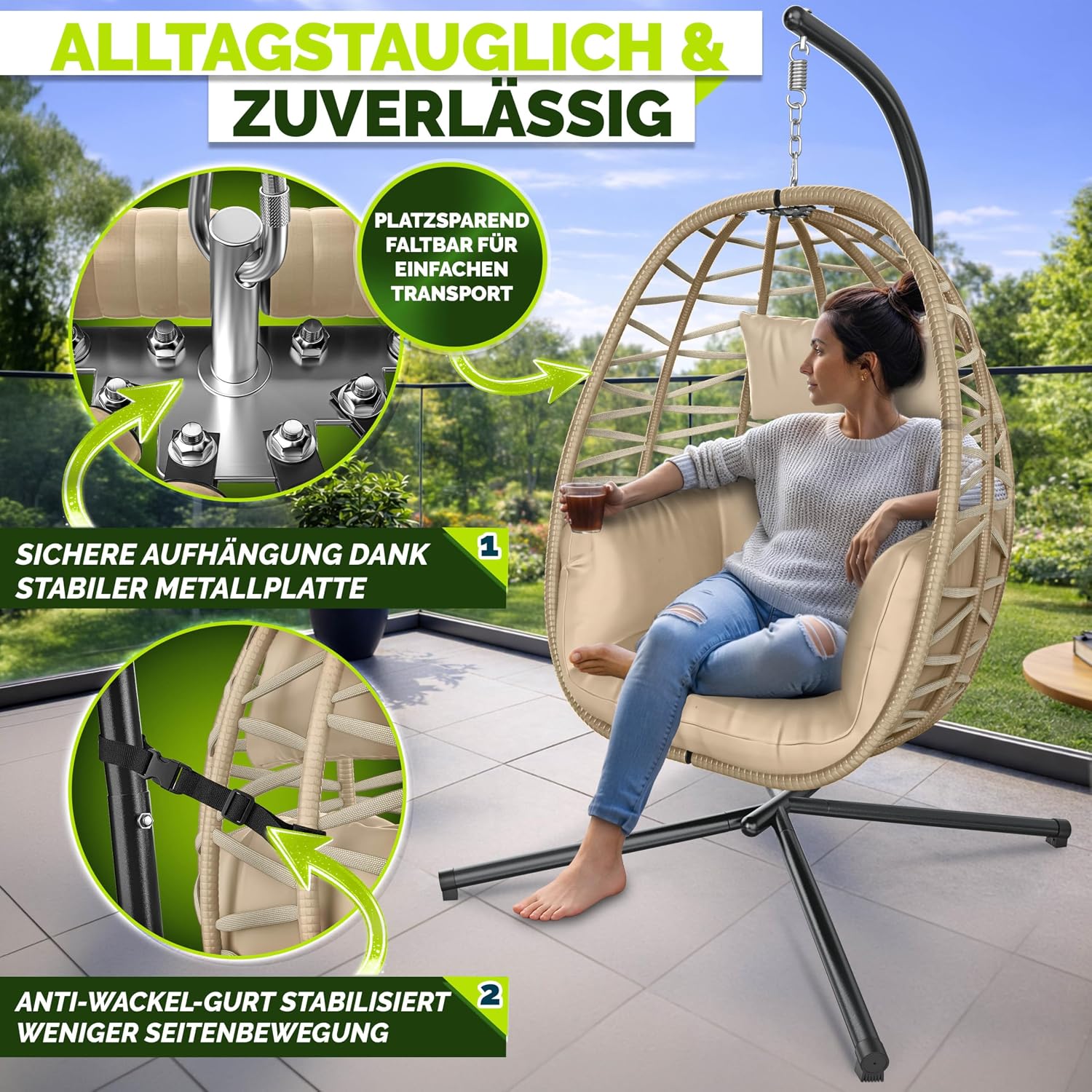 Thumbnail 6 de tillvex Hängesessel mit Gestell – wetterfester Outdoor Hängesessel aus Polyrattan (Beige)
