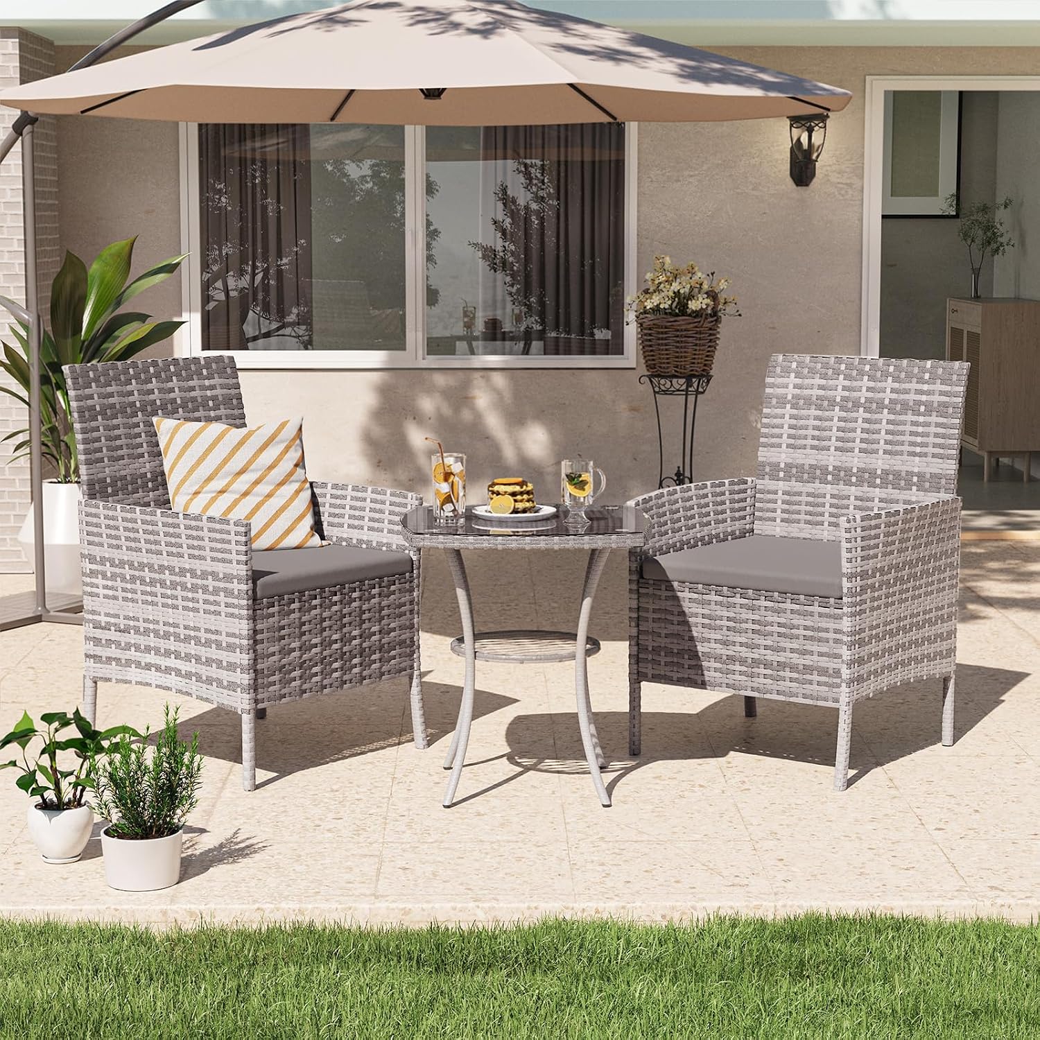 Thumbnail 3 de UDPATIO 3-teilige Gartenlounge Set für 2 Personen mit Glastisch und 2 Stühlen (Polyrattan), grau