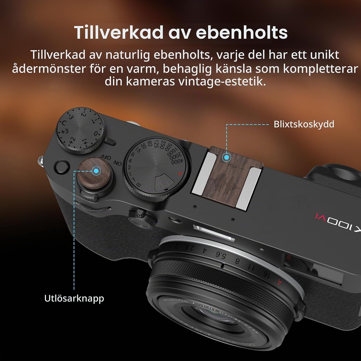 Detalle de SMALLRIG 6240 Ebony blixtskoskydd med avtryckarknapp i trä