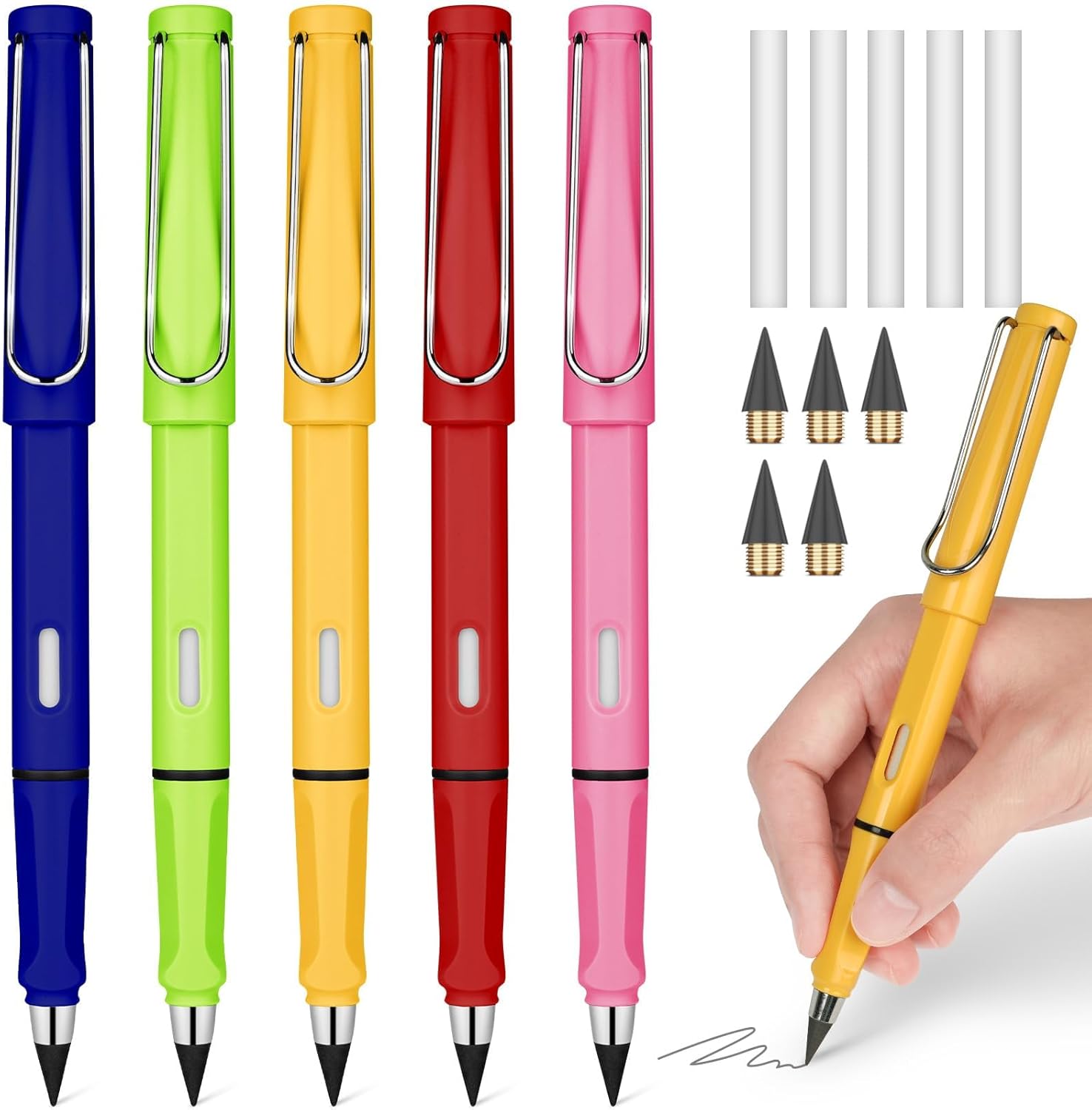 OFFCUP Crayon Sans Encre réutilisable – lot de 5 stylo “lien écriture” avec recharges, gommes et pointes