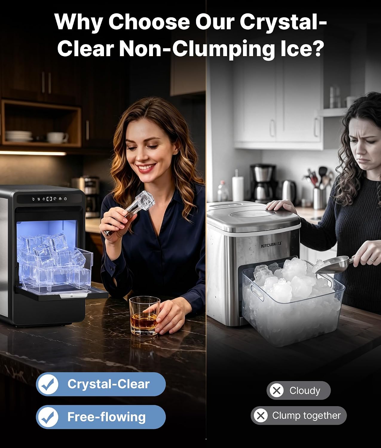 Detalle 2 de EXNOS KIC-005 Clear Ice Maker, 1.6-Inch Cubes, 10 Size Settings