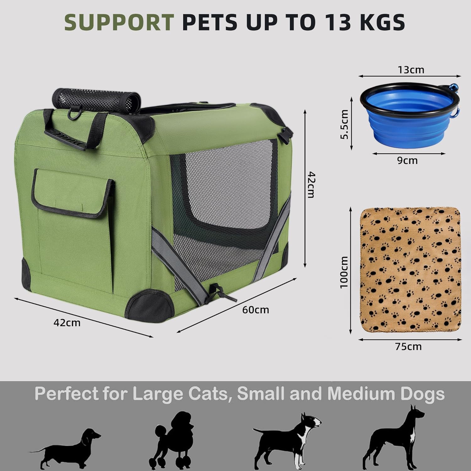 Thumbnail 4 de Petprsco Large Cat Carrier (60 x 42 x 42cm) for 2 Cats and Small–Medium Dogs with Soft Pad, Foldable Bowl & Warm Blanket