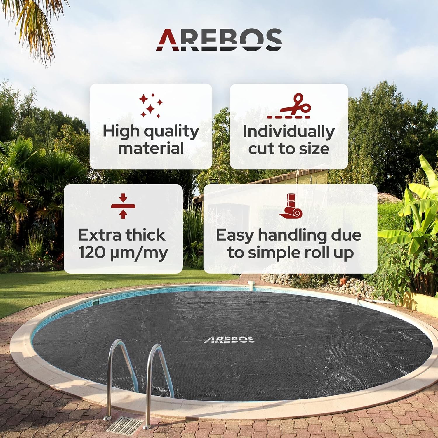 Thumbnail 3 de Arebos Solarabdeckplane rund Ø 3,66 m in Schwarz (Solarfolie, 120 µm) – zuschneidbar für Poolheizung