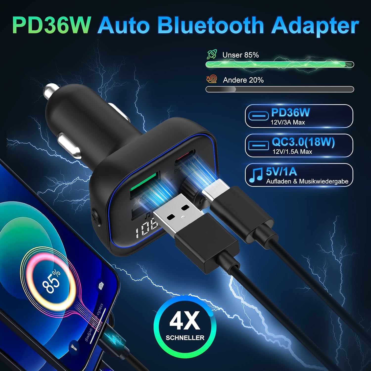 Detalle 2 de Bluetooth Adapter Auto FM Transmitter PD 36W QC3.0 18W Schnelles Autoladegerät KFZ Bluetooth 5.3 HiFi Sound Musik-Player Radio Zigarettenanzünder USB C Freisprechanlage Unterstützt BT U-Disc
Bluetooth Adapter Auto FM Transmitter PD 36W QC3.…