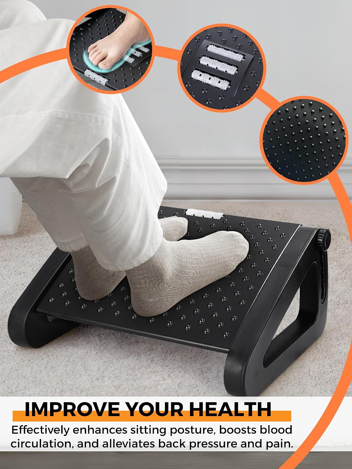 Detalle de MAGIC SELECT ergonomiskt fotstöd med 6 höjdlägen och massageyta