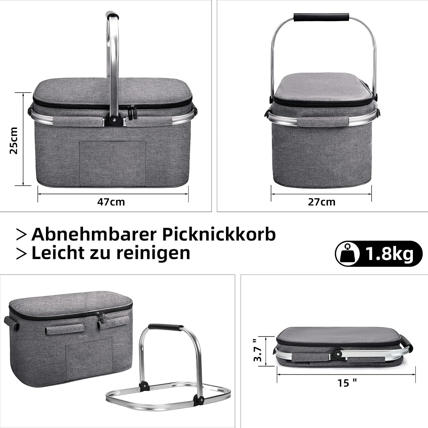 Detalle de ALLCAMP große faltbare Kühltasche mit Deckel – Thermo-Picknickkorb für 2 Personen, isoliert, auslaufsicher