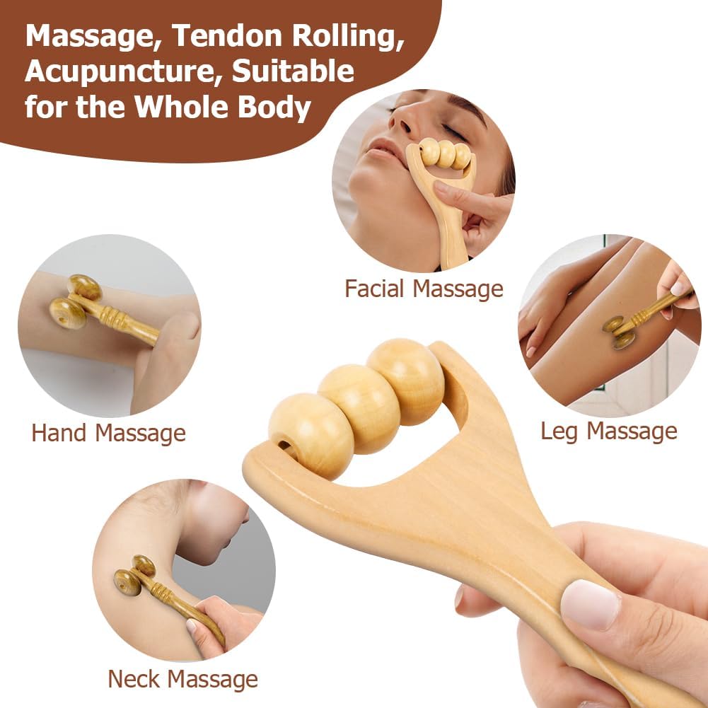 Thumbnail 1 de ACWOO 3 pezzi: Rullo Massaggio Cellulite di Legno, Guasha e Bastone per Drenaggio Linfatico