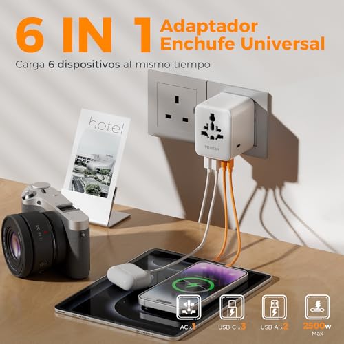Thumbnail 2 de TESSAN adaptador de enchufe universal para viaje con 2 USB A y 3 USB C (tipo A, C, G e I) para más de 224 países