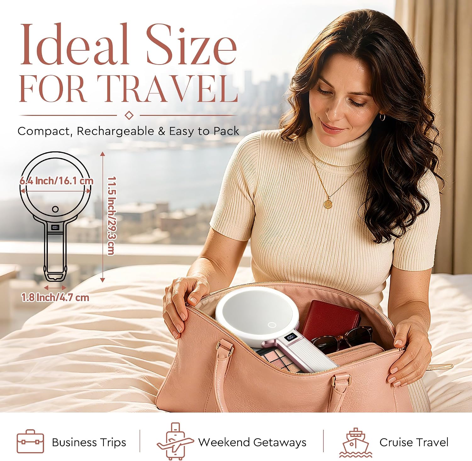 Detalle de MIYADIVA Lighted Travel Makeup Mirror, 30X/1X, Adjustable Stand, Rose Gold