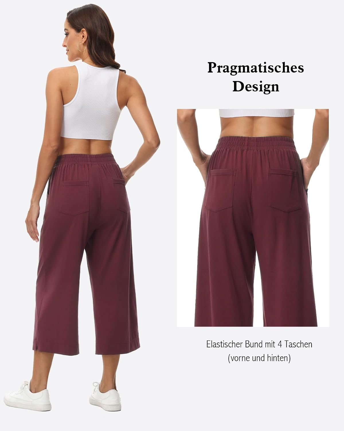 Detalle de HMIYA Damen 3/4 Baumwolle Culotte Hose – Sommer, Weite Beine, Taschen, elastischer Bund