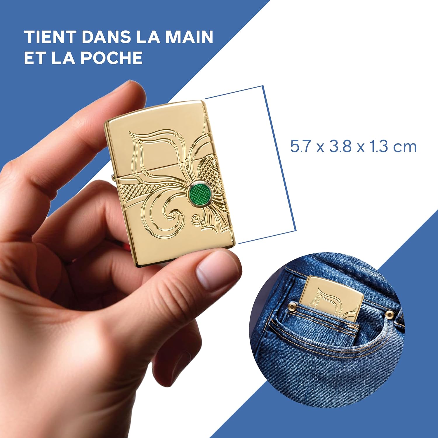 Detalle de Zippo Briquet Tempête Fleur de Lis – Finition Armor Laiton Poli Brillant Or avec Gravure