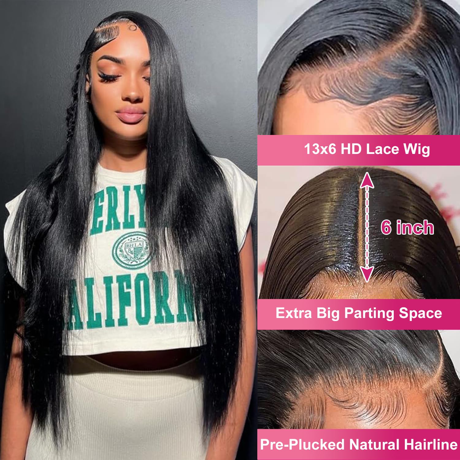 Detalle 2 de Btomar 30 Inch 13x6 HD Lace Front Wig - 200 Density, 100% Human Hair