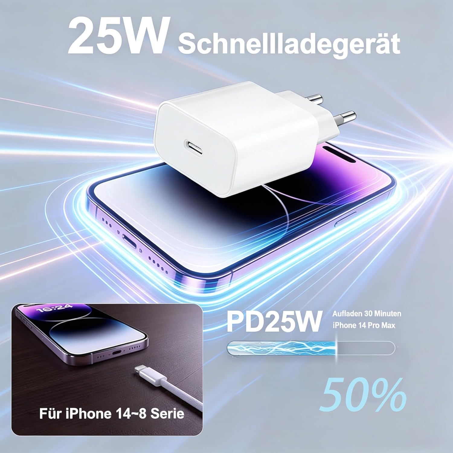 Detalle 2 de Bamkey Caricatore Rapido 25W con Cavo Lightning 2 m in Nylon Intrecciato per iPhone 14-13-12 e iPad – USB-C PD 3.0