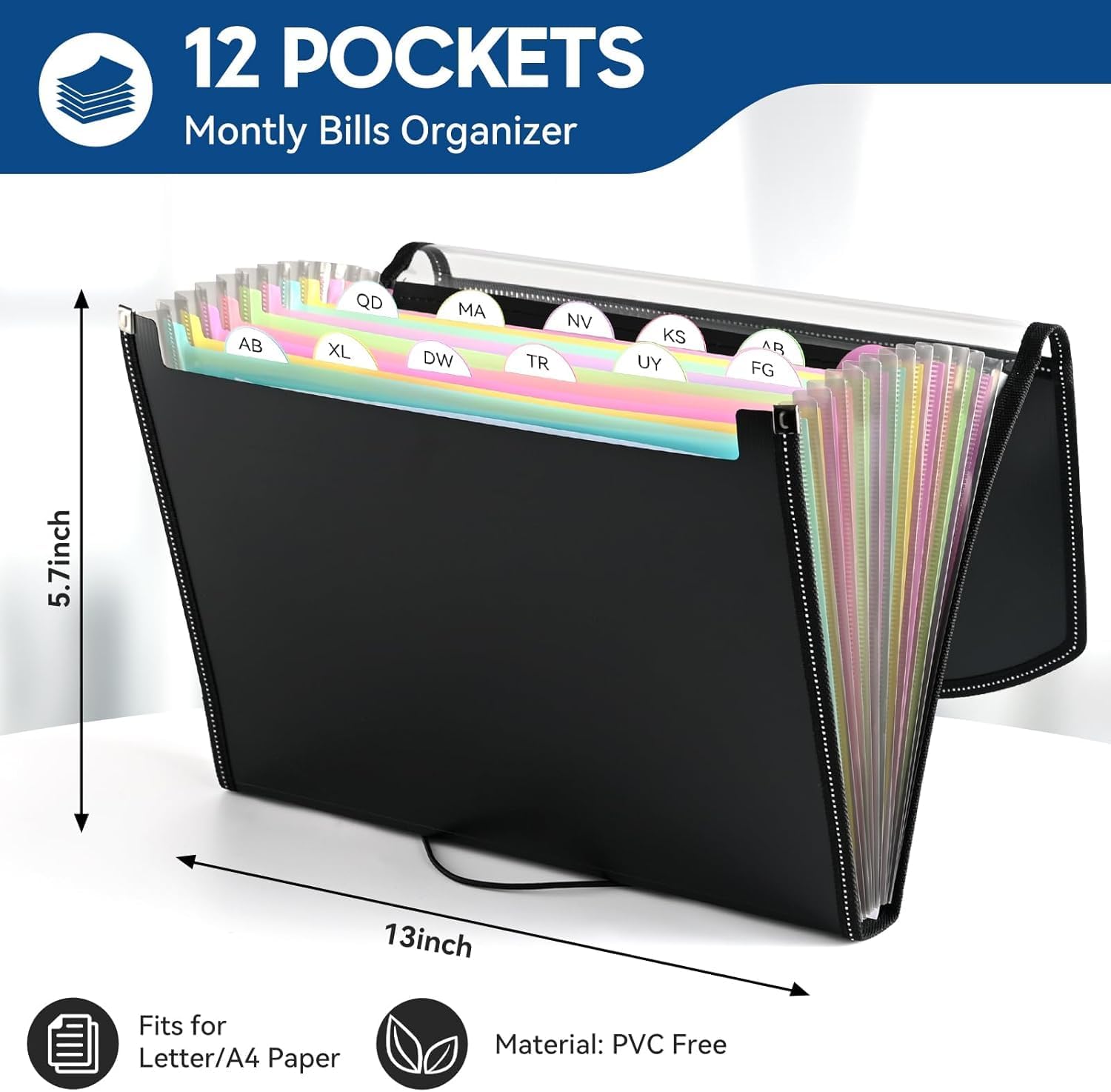 Thumbnail 1 de 13 Pockets File Organiser Accordion Expanding Folder with 12 Tabs for A4 Documents (Black)