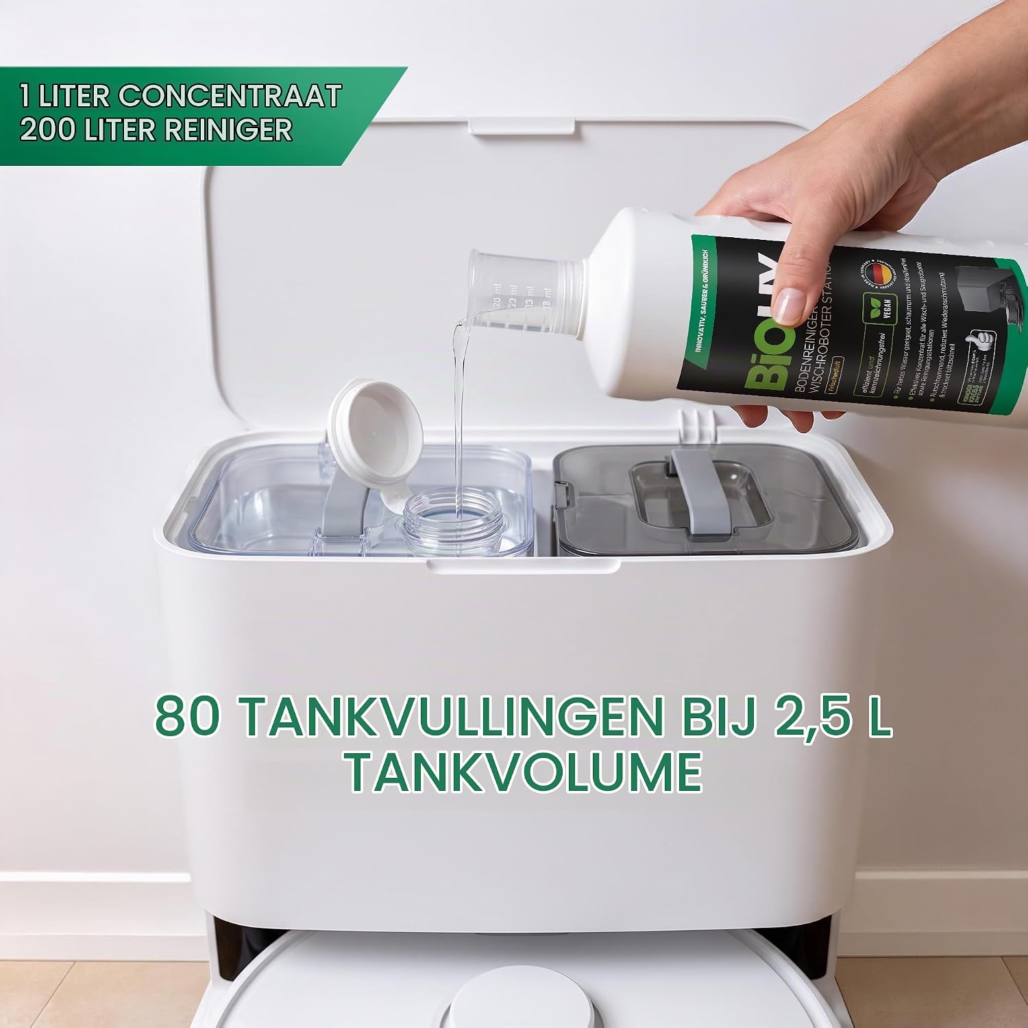 Detalle 2 de BIOHY vloerreiniger voor dweilrobots, Station Fris, 2 × 1 liter met doseerder