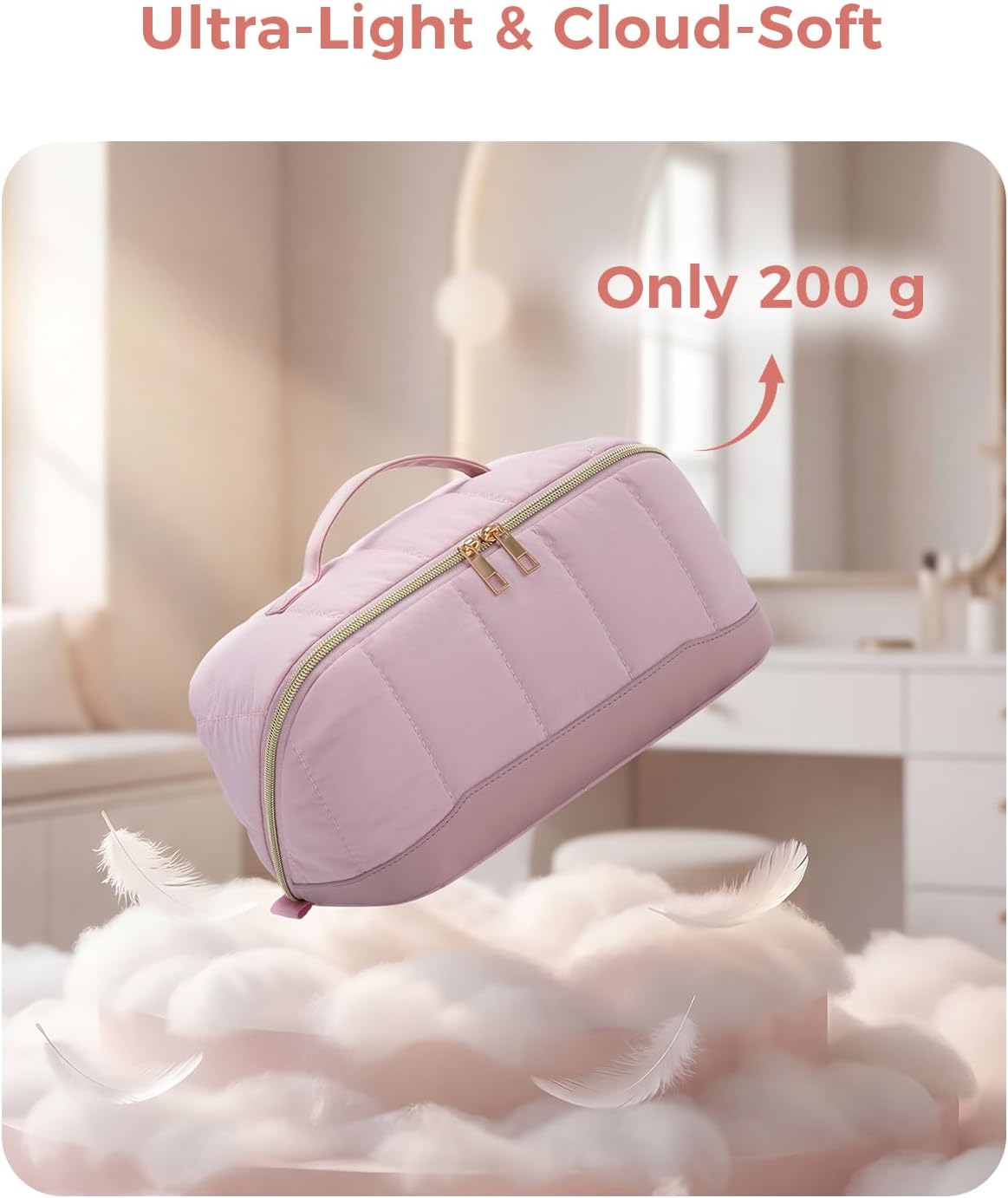 Detalle de Travel Makeup Bag Large Quilted Cosmetic Organizer with Brush Compartments & Handle (Pink) – Wide-Open Toiletry Bag