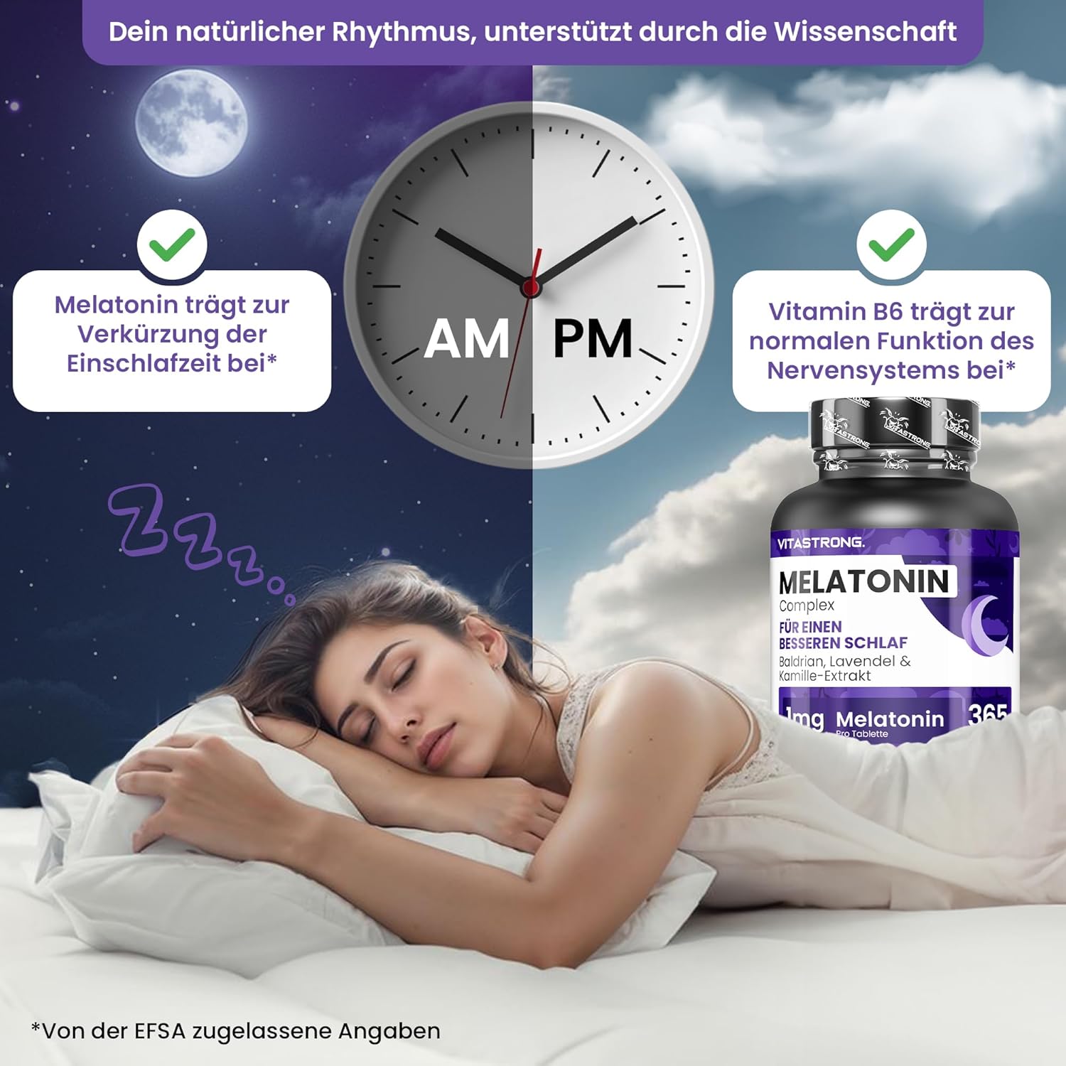 Detalle de Vitastrong Melatonin Komplex 365 Mikro-Tabletten – Hochdosiertes Schlafhilfe mit Kamille, Baldrian, Lavendel & Vitamin B6