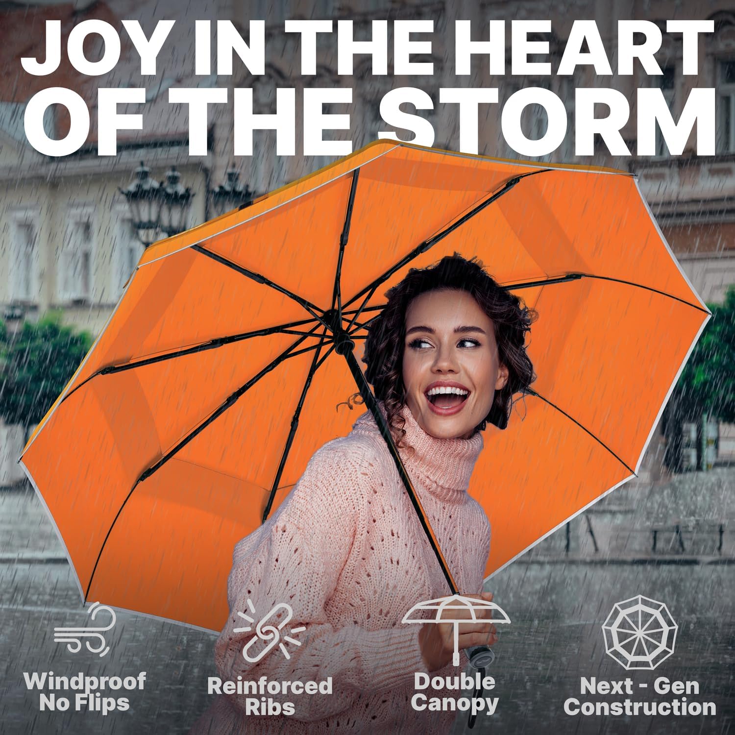 Thumbnail 3 de Royal Walk Windproof Folding Travel Umbrella with Real Wood Handle – Automatic, Vented Double Canopy, Orange