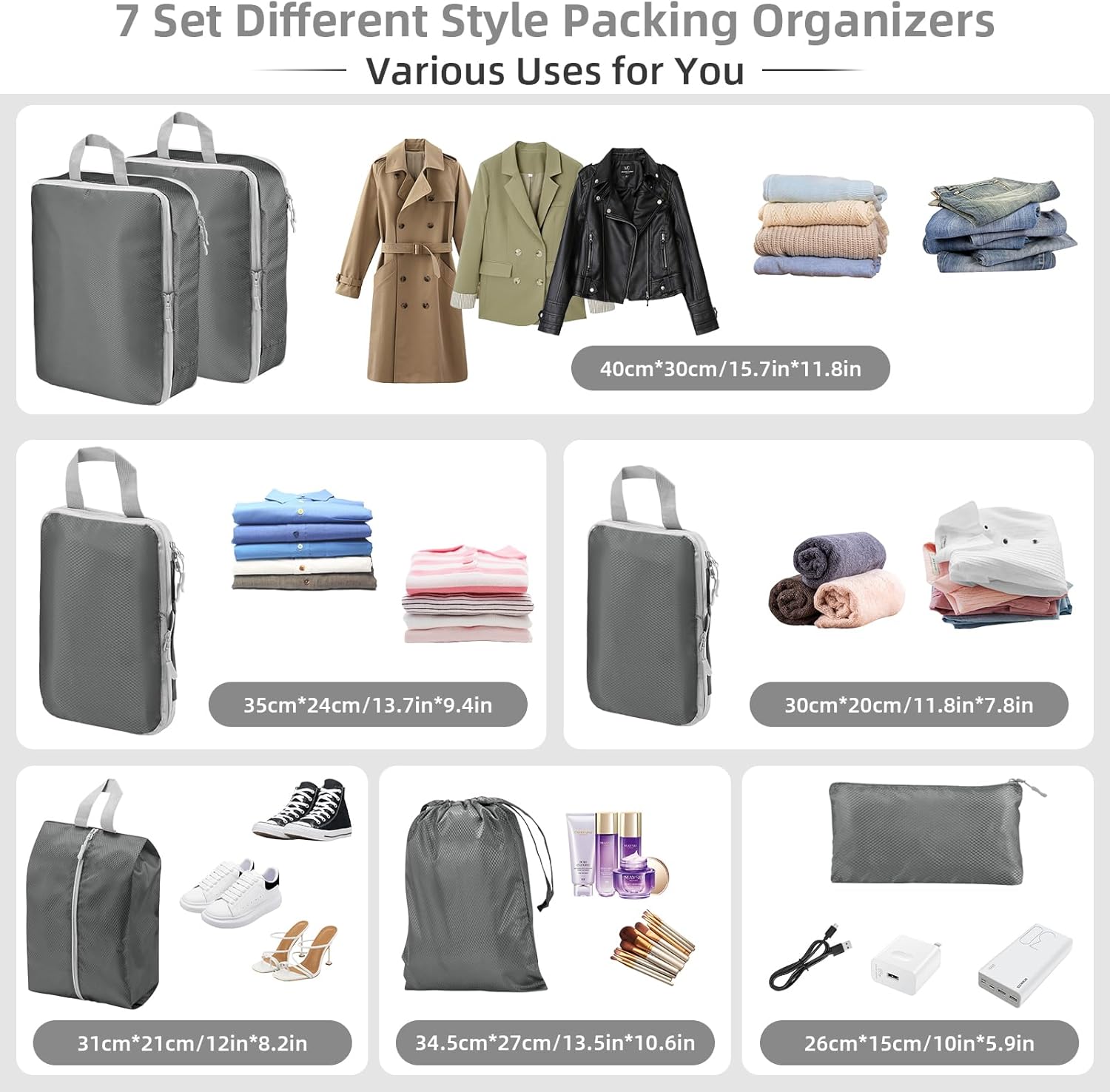 Thumbnail 6 de Compression Packing Cubes, Travel Storage Bag & Suitcase Organizer Bags (Grey) – Set of 7