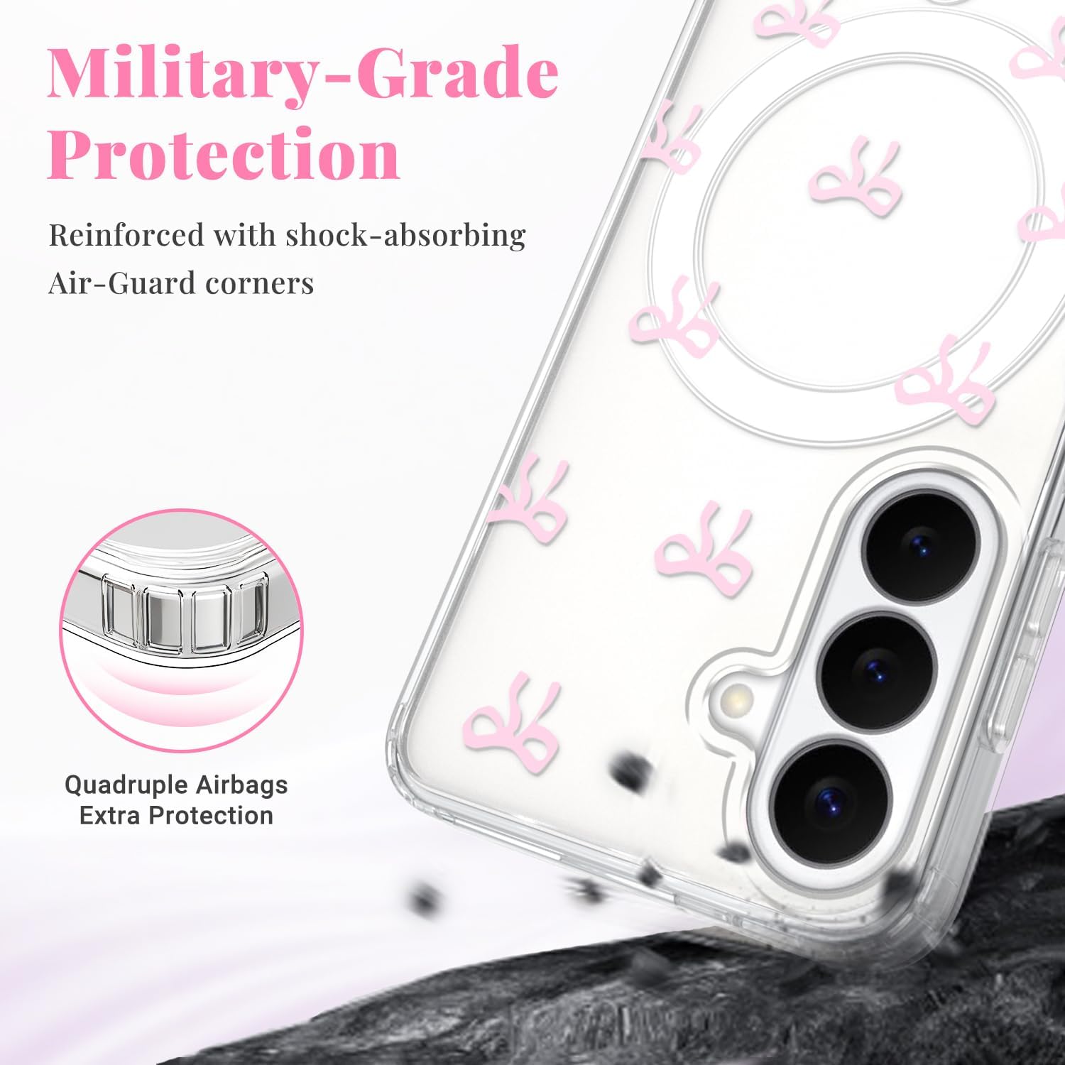Thumbnail 4 de Magnetica Cover Rosa per Samsung Galaxy S26 — Custodia trasparente con fiocco rosa, protezione antiurto e supporto MagSafe