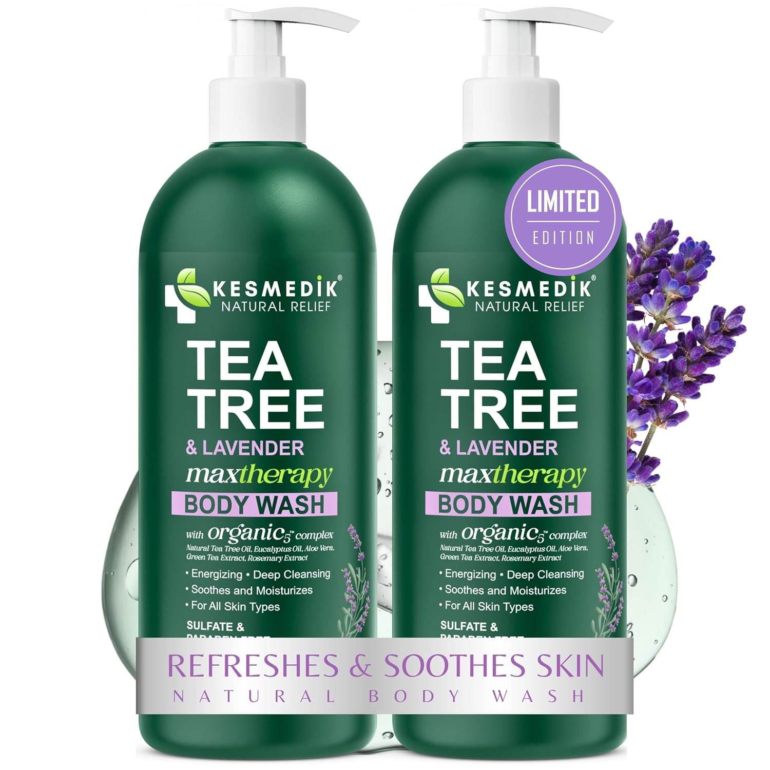 Detalle de KESMEDIK Tea Tree & Lavender Body Wash (MaxTherapy) — Antifungal Defense & Itchy Skin Relief, 2-Pack (Limited Edition)