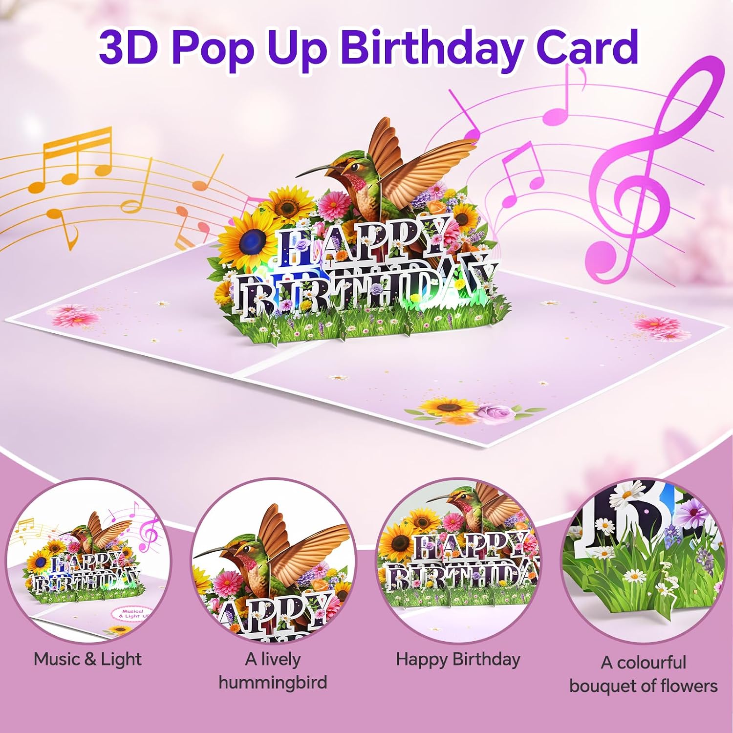 Detalle de Birthday Card: 3D Pop-Up with Music & Light – Hummingbird Flowers