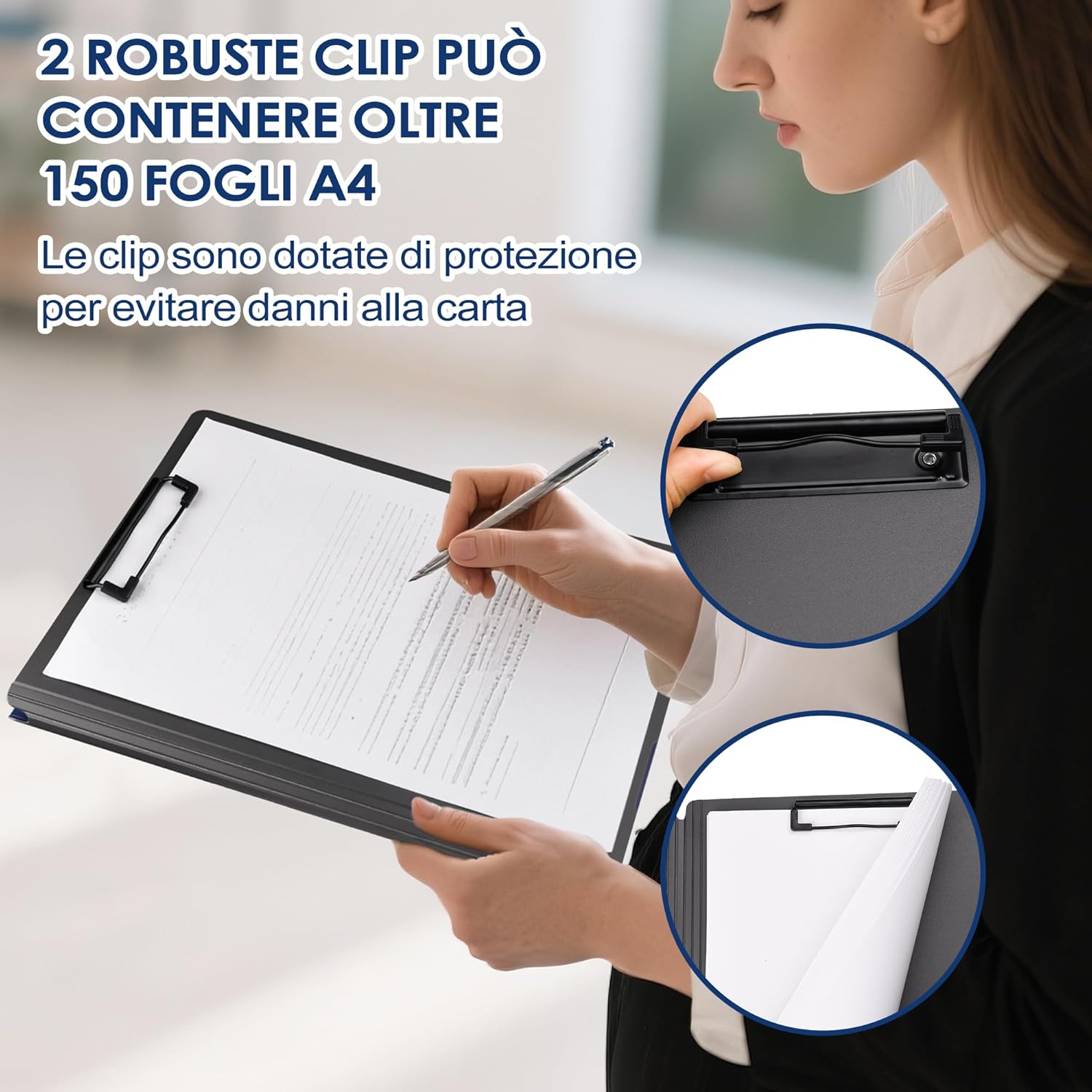 Detalle de Portablocco A4, Cartellina Portadocumenti con Doppia Clip in Plastica – Blu