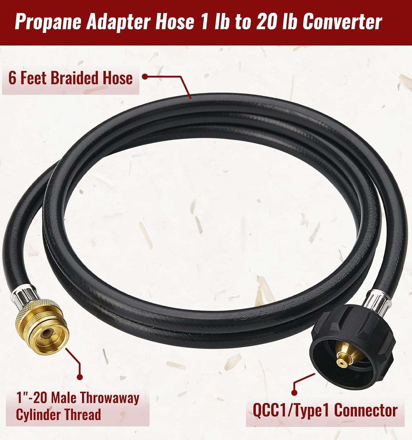 Detalle de CALPOSE 6-Foot Propane Adapter Hose for 1-lb Appliances, QCC1 to CGA600