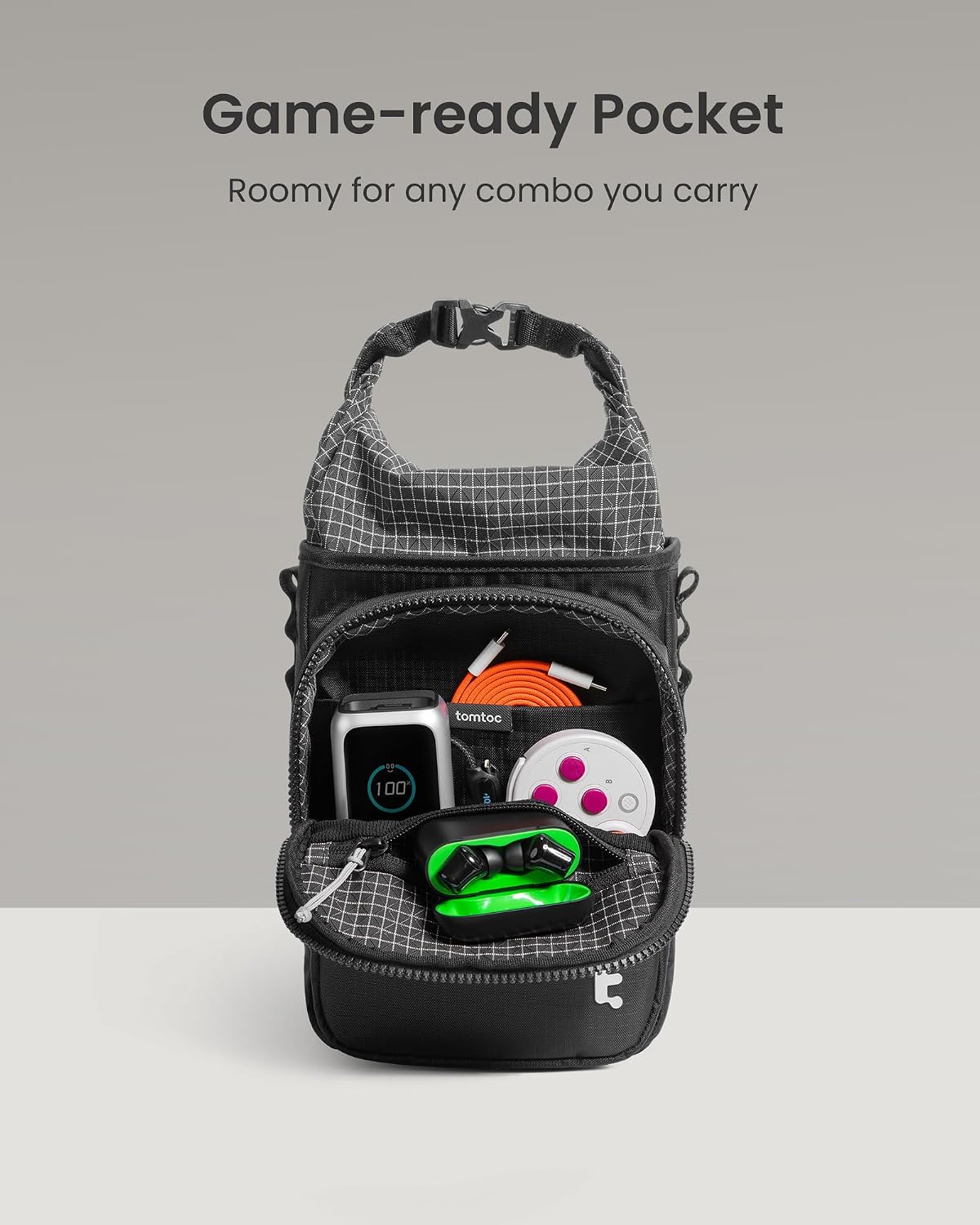Detalle 2 de tomtoc Sling Bag for Handheld Gaming Console – Slim Crossbody Case for Steam Deck, Switch 2, PS Portal and More