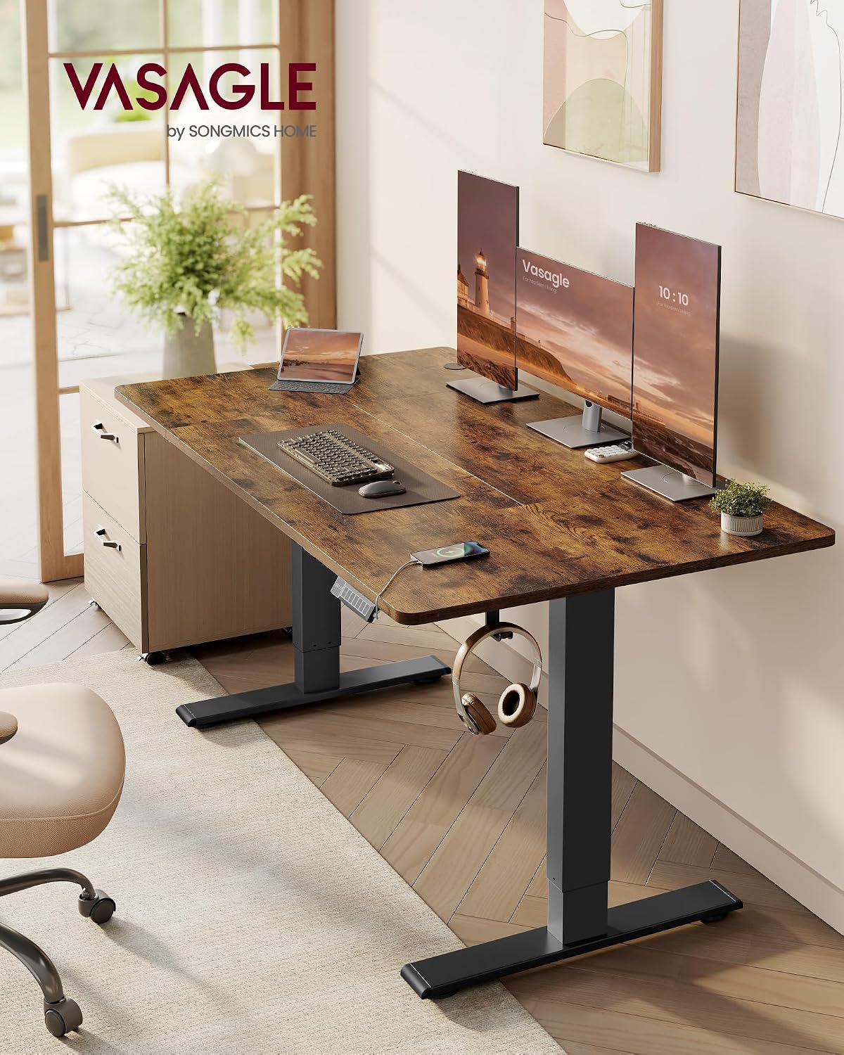 Detalle 2 de VASAGLE Bureau électrique réglable en hauteur 140 x 80 cm avec port USB-C (LSD144KD02) — marron rustique