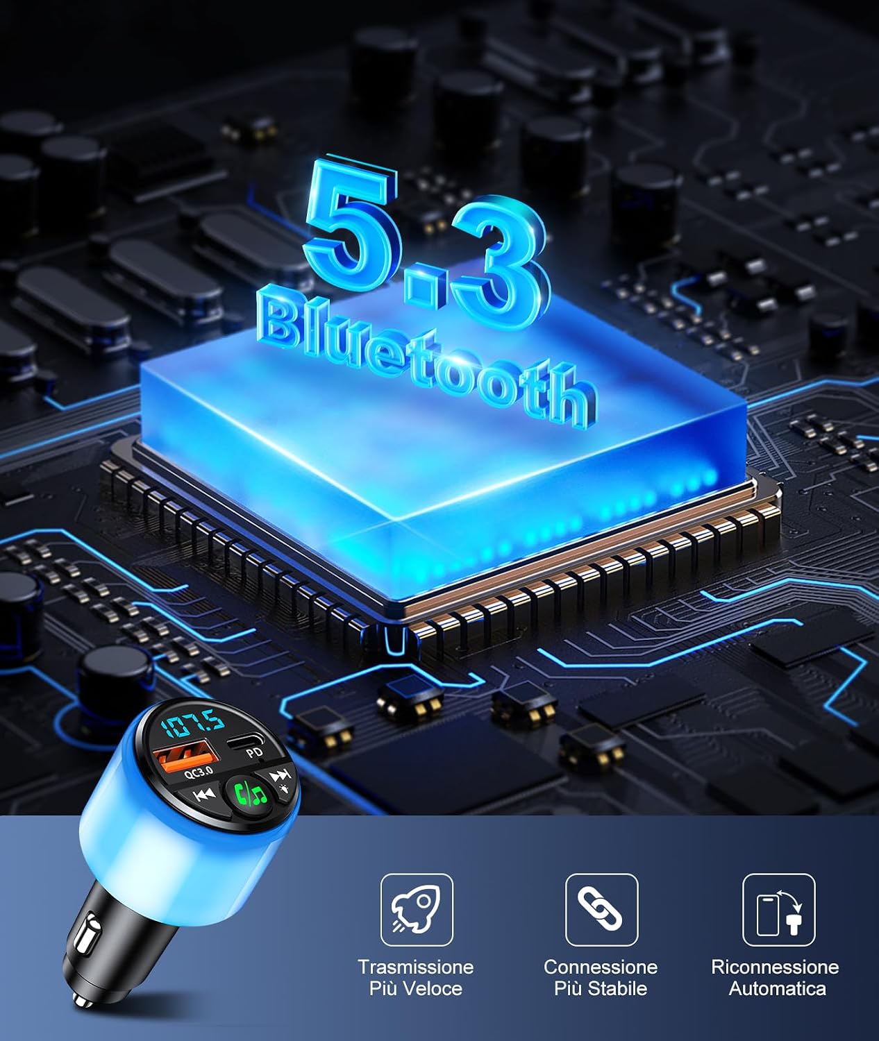 Thumbnail 2 de Mohard Trasmettitore FM Bluetooth 5.3 per Auto con PD 30W e QC3.0 18W, LED Ambient e Vivavoce