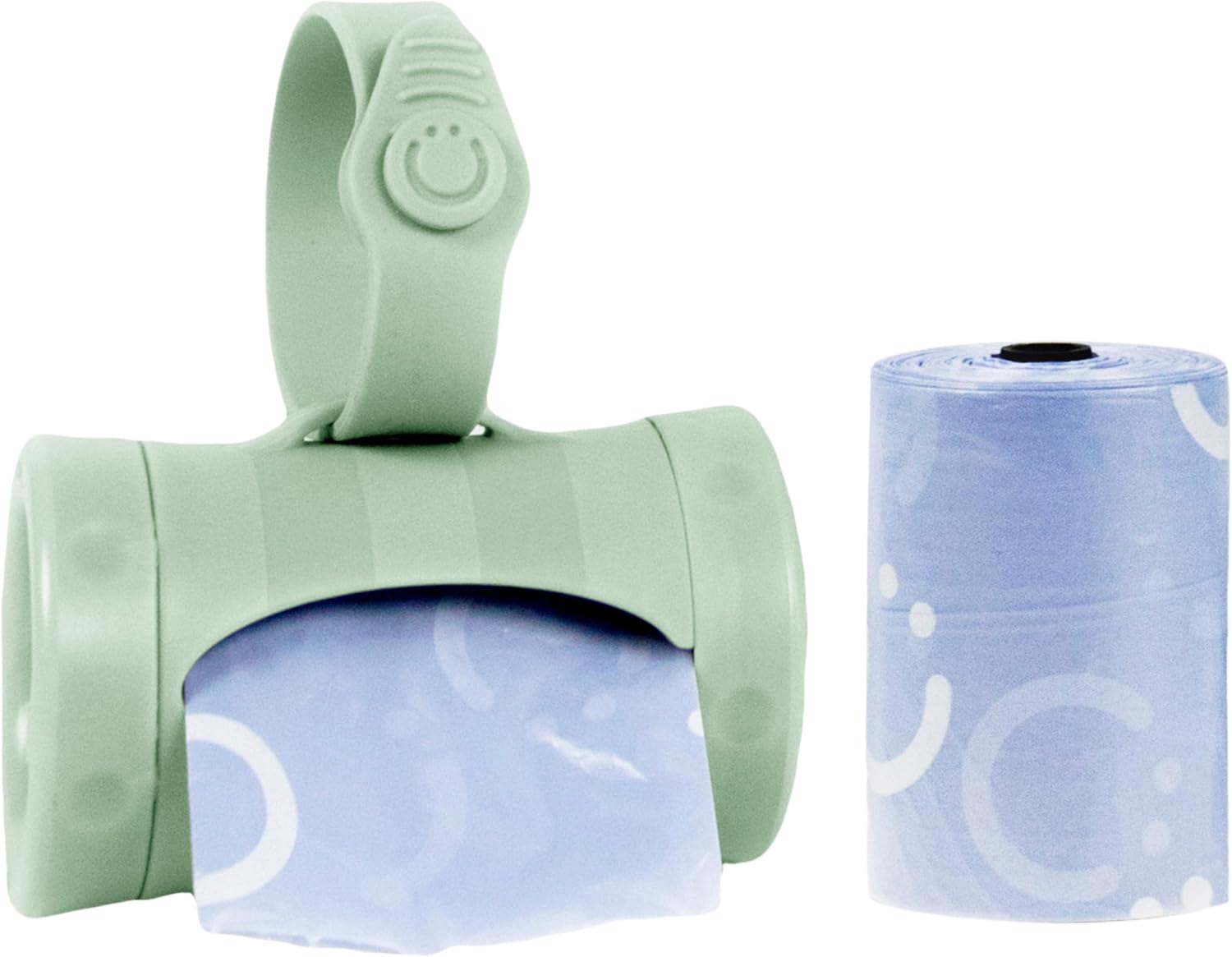 Detalle de Ubbi On-the-Go blöjpåsedispenser, infällbar med silikonrem, salviagrön