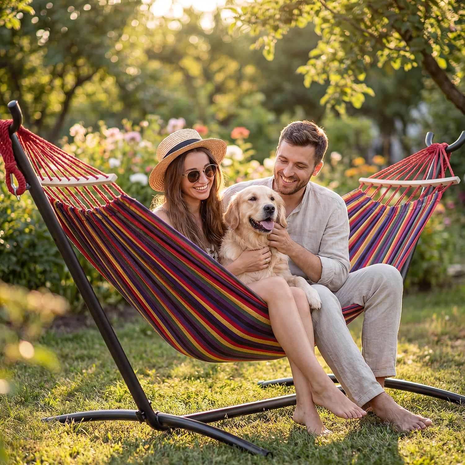 Detalle 2 de Everyfun DC Double Hammock with Stand, Rainbow Cotton, 600 lb Capacity