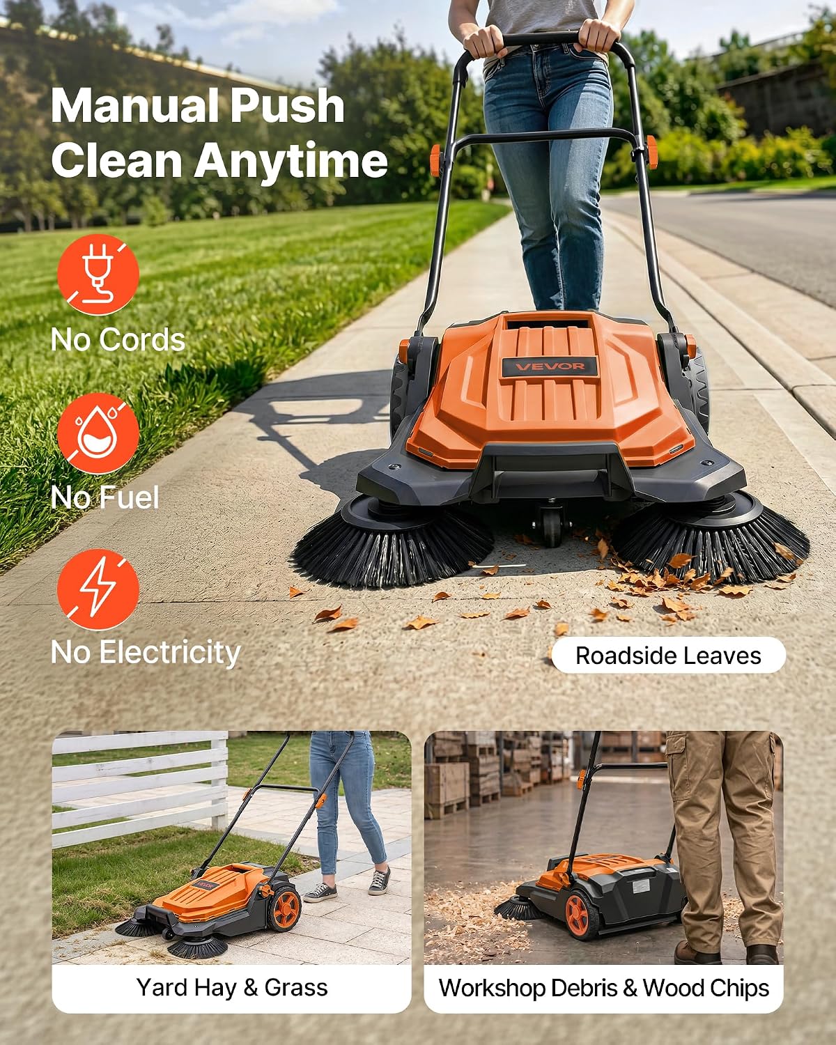 Detalle de VEVOR S13-001A Walk-Behind Floor Sweeper, 25.6-Inch, 5-Gallon