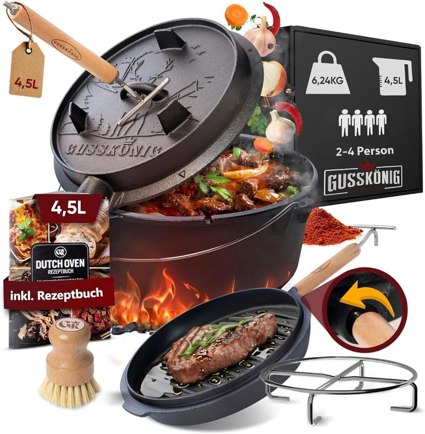 Detalle de GUSSKÖNIG Dutch Oven 4,5 l Gusseisen Set