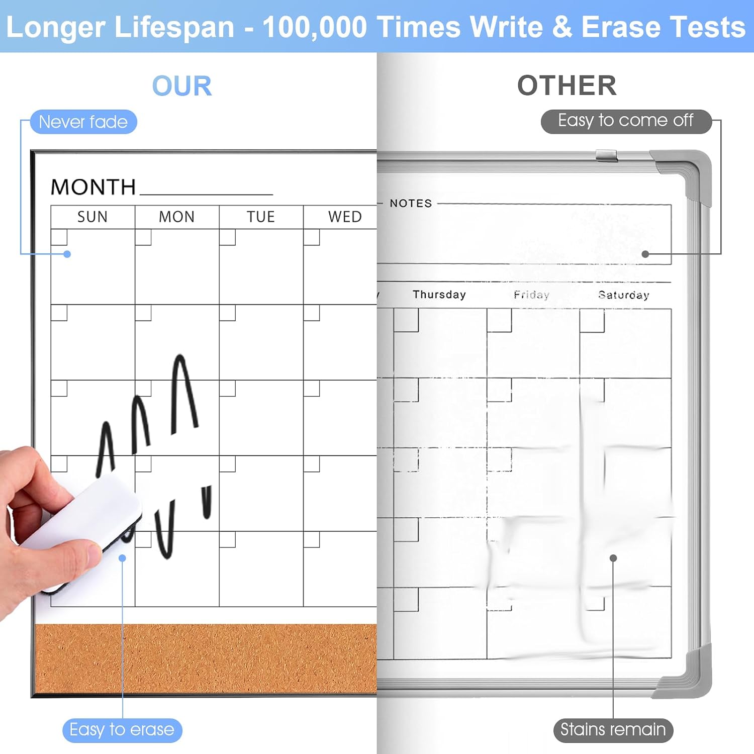 Detalle de ARCOBIS COM2418-MONTH-Black-H Dry Erase Calendar, 24" x 18", Magnetic with Cork Board