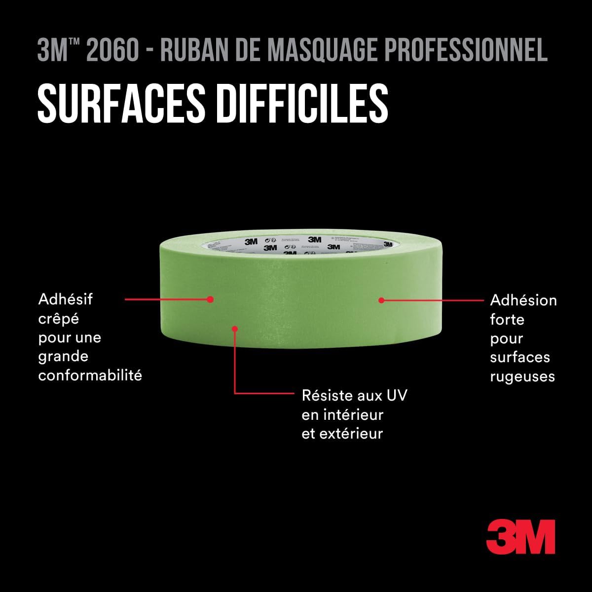 Thumbnail 4 de 3M Ruban de masquage 2060 – pour surfaces rugueuses et résistant UV, 48 mm x 50 m, vert