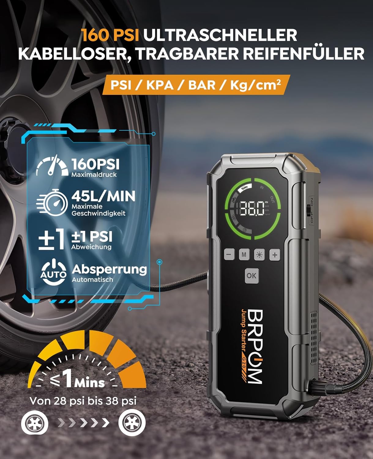 Detalle de BRPOM Starthilfe Powerbank 8000A 26800mAh mit Kompressor