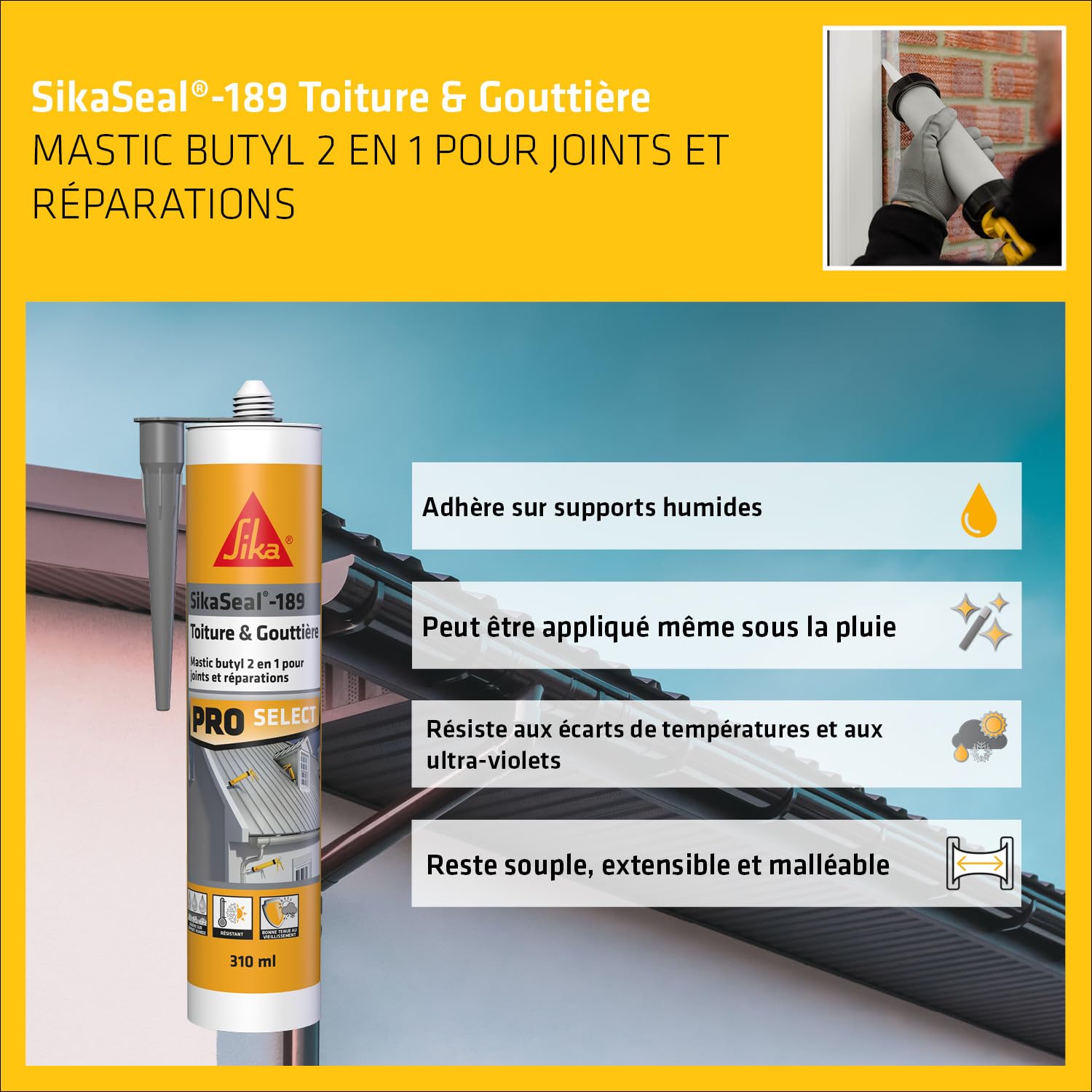 Thumbnail 2 de SIKA - Mastic et colle butyle 2 en 1, SikaSeal-189 Toiture & Gouttière gris – 310 ml