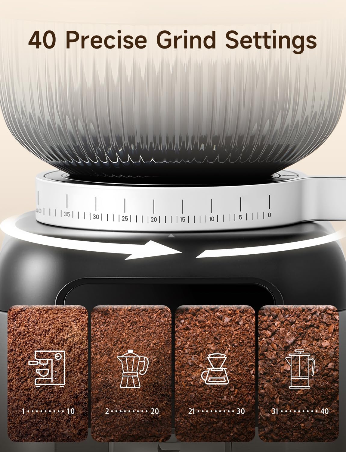 Detalle de Neretva Moulin à Café Électrique pro à meules coniques et 40 réglages – pour espresso, filtre, moka & French press