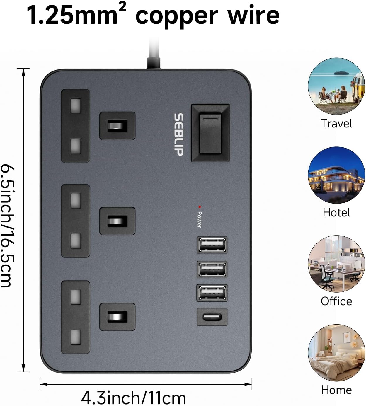Thumbnail 3 de Extension Lead with 4 USB Slots, 3-Way Plug Power Strip with Switches – 5m Black