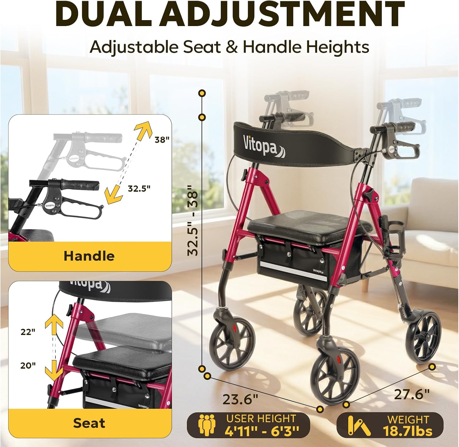 Detalle de Vitopa W20S-BR Rollator Walker with Seat, Adjustable Fit, 8-Inch Wheels